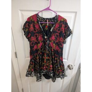 Free People Agnes Floral Heart Print Mini Dress Womens Black Pink Boho - Size XS